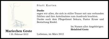 Traueranzeige von Mariechen Grote von Die Harke