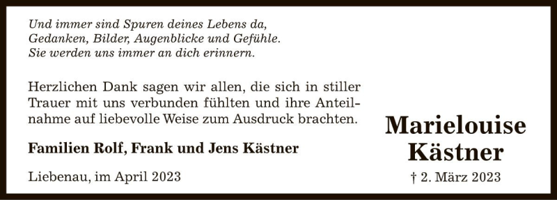  Traueranzeige für Marielouise Kästner vom 01.04.2023 aus Die Harke