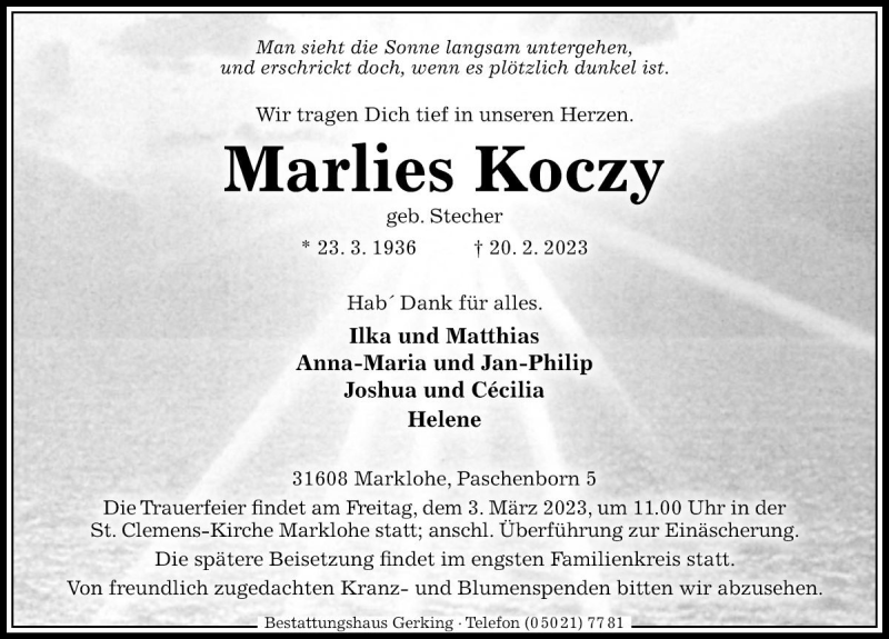  Traueranzeige für Marlies Koczy vom 25.02.2023 aus Die Harke