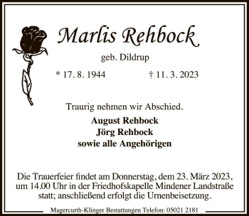 Traueranzeige von Marlis Rehbock von Die Harke