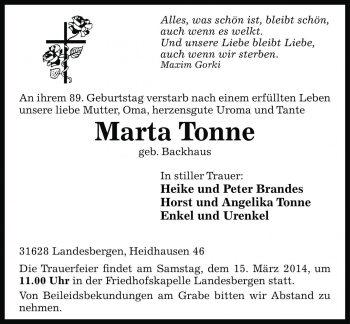 Traueranzeige von Marta Tonne von Die Harke