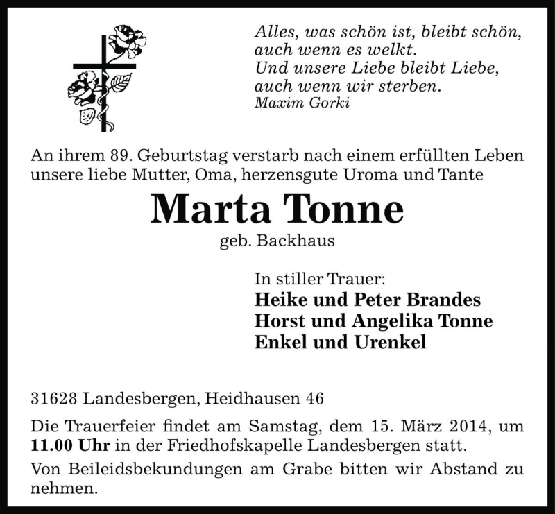  Traueranzeige für Marta Tonne vom 13.03.2014 aus Die Harke