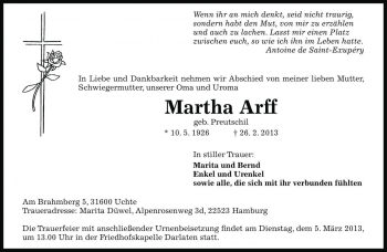 Traueranzeige von Martha Arff von Die Harke