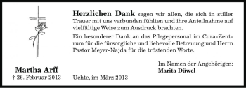 Traueranzeige von Martha Arff von Die Harke