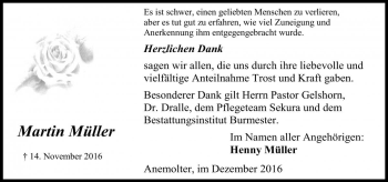 Traueranzeige von Martin Müller von Die Harke