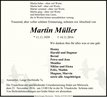 Traueranzeige von Martin Müller von Die Harke