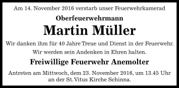 Traueranzeige von Martin Müller von Die Harke