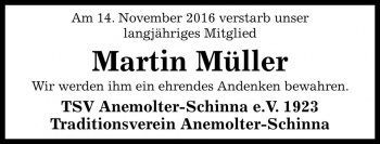Traueranzeige von Martin Müller von Die Harke