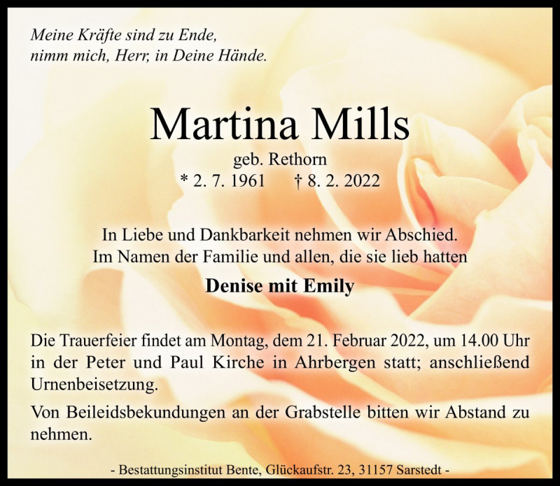  Traueranzeige für Martina Mills vom 14.02.2022 aus Die Harke