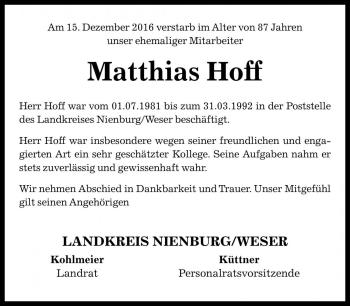 Traueranzeige von Matthias Hoff von Die Harke