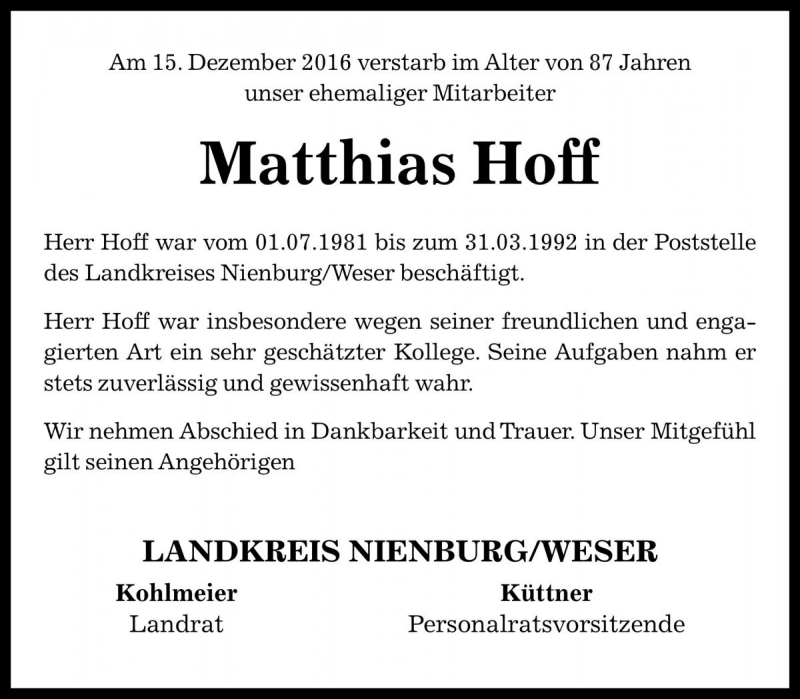  Traueranzeige für Matthias Hoff vom 21.12.2016 aus Die Harke