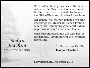 Traueranzeige von Melita Joachim von Die Harke