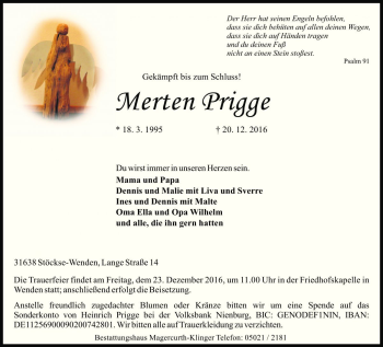 Traueranzeige von Merten Prigge von Die Harke