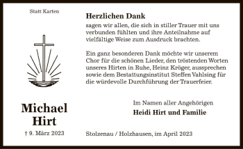 Traueranzeige von Michael Hirt von Die Harke