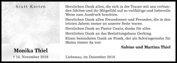Traueranzeige von Monika Thiel von Die Harke