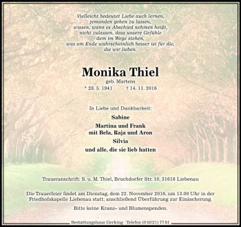 Traueranzeige von Monika Thiel von Die Harke