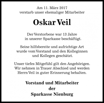 Traueranzeige von Oskar Veil von Die Harke
