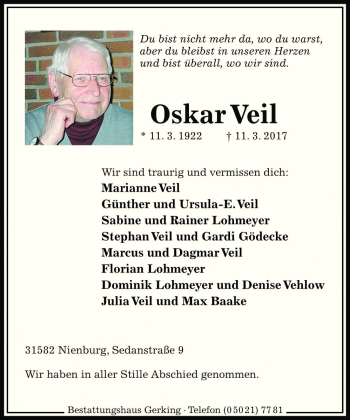 Traueranzeige von Oskar Veil von Die Harke