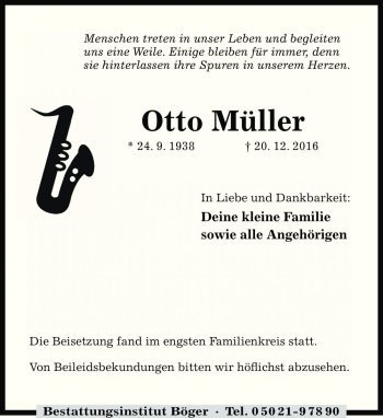 Traueranzeige von Otto Müller von Die Harke