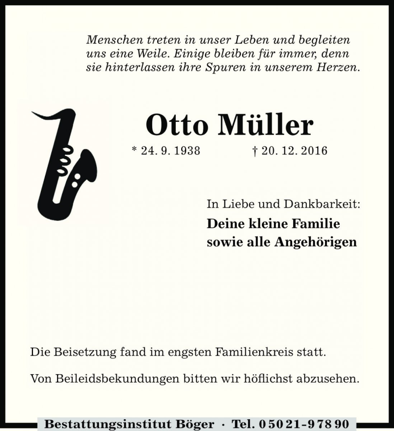  Traueranzeige für Otto Müller vom 30.12.2016 aus Die Harke