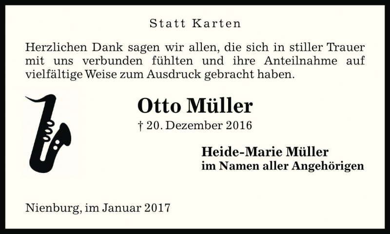  Traueranzeige für Otto Müller vom 28.01.2017 aus Die Harke