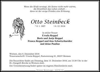 Traueranzeige von Otto Steinbeck von Die Harke