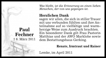Traueranzeige von Paul Fechner von Die Harke