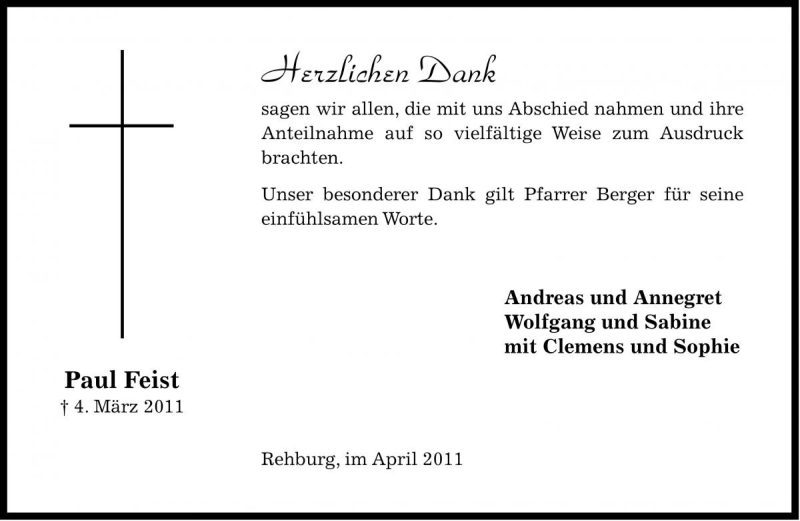  Traueranzeige für Paul Feist vom 23.04.2011 aus Die Harke