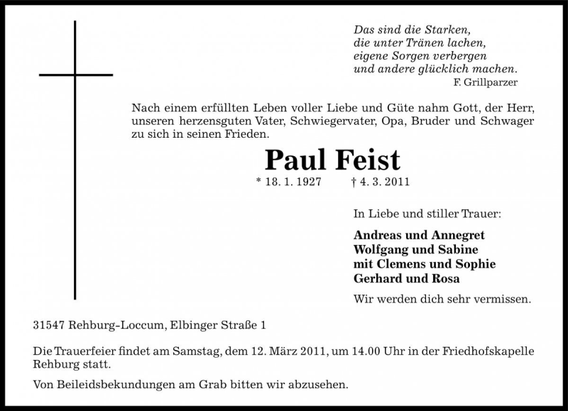  Traueranzeige für Paul Feist vom 08.03.2011 aus Die Harke