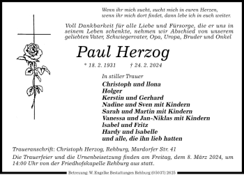Traueranzeige von Paul Herzog von Die Harke