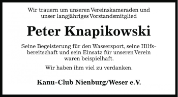 Traueranzeige von Peter Knapikowski von Die Harke