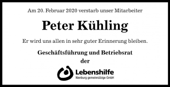 Traueranzeige von Peter Kühling von Die Harke