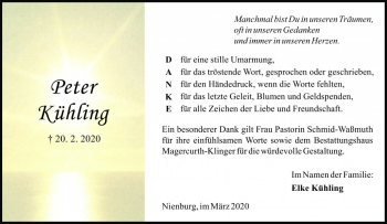 Traueranzeige von Peter Kühling von Die Harke