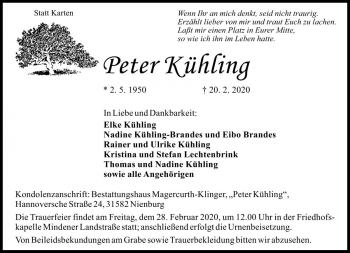 Traueranzeige von Peter Kühling von Die Harke