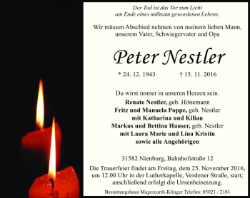 Traueranzeige von Peter Nestler von Die Harke