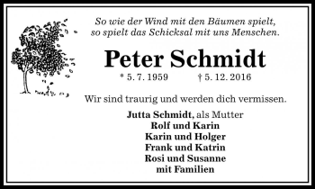 Traueranzeige von Peter Schmidt von Die Harke