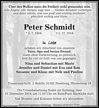Traueranzeige von Peter Schmidt von Die Harke