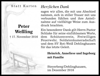 Traueranzeige von Peter Weßling von Die Harke