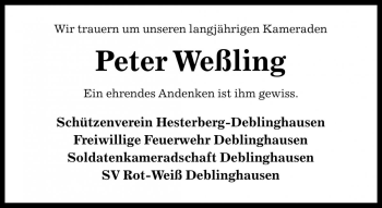 Traueranzeige von Peter Weßling von Die Harke