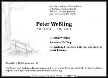 Traueranzeige von Peter Weßling von Die Harke