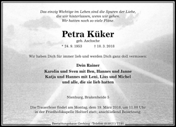 Traueranzeige von Petra Küker von Die Harke