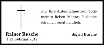 Traueranzeige von Rainer Busche von Die Harke