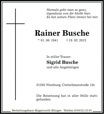 Traueranzeige von Rainer Busche von Die Harke