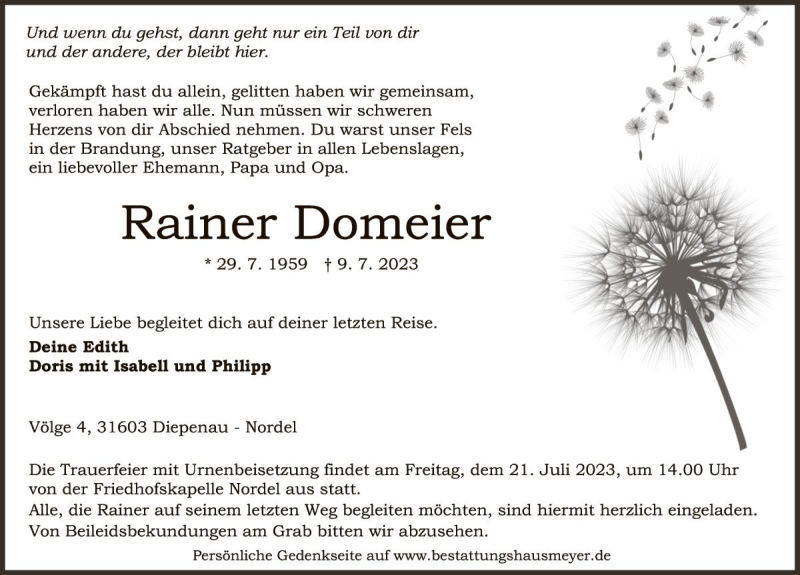  Traueranzeige für Rainer Domeier vom 17.07.2023 aus Die Harke