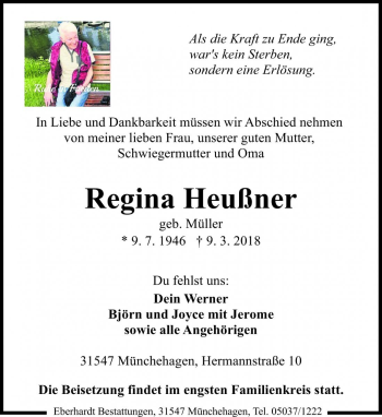 Traueranzeige von Regina Heußner von Die Harke