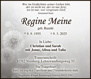 Traueranzeige von Regine Meine von Die Harke