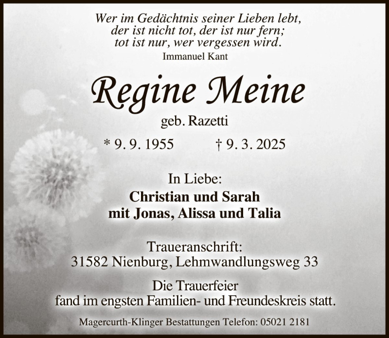  Traueranzeige für Regine Meine vom 05.04.2025 aus Die Harke