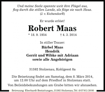 Traueranzeige von Robert Maas von Die Harke