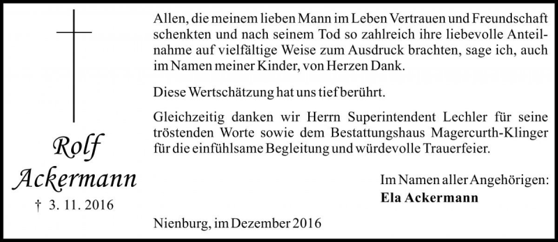  Traueranzeige für Rolf Ackermann vom 10.12.2016 aus Die Harke