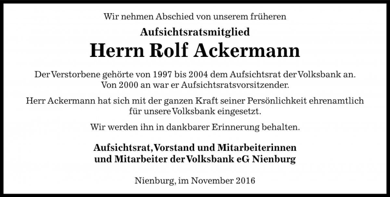  Traueranzeige für Rolf Ackermann vom 09.11.2016 aus Die Harke